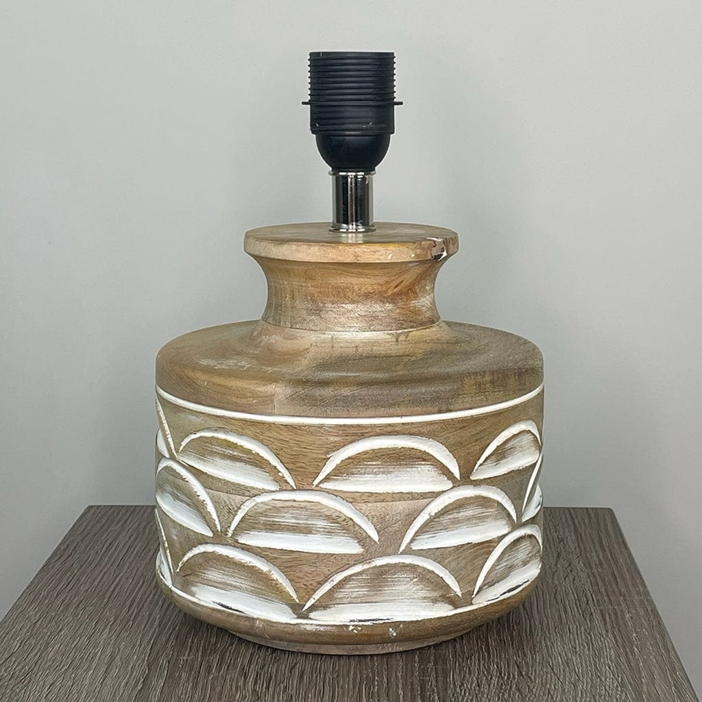 Kingsbury Small White Wash Carved Table Lamp with Bodie Ecru Boucle Tapered Shade