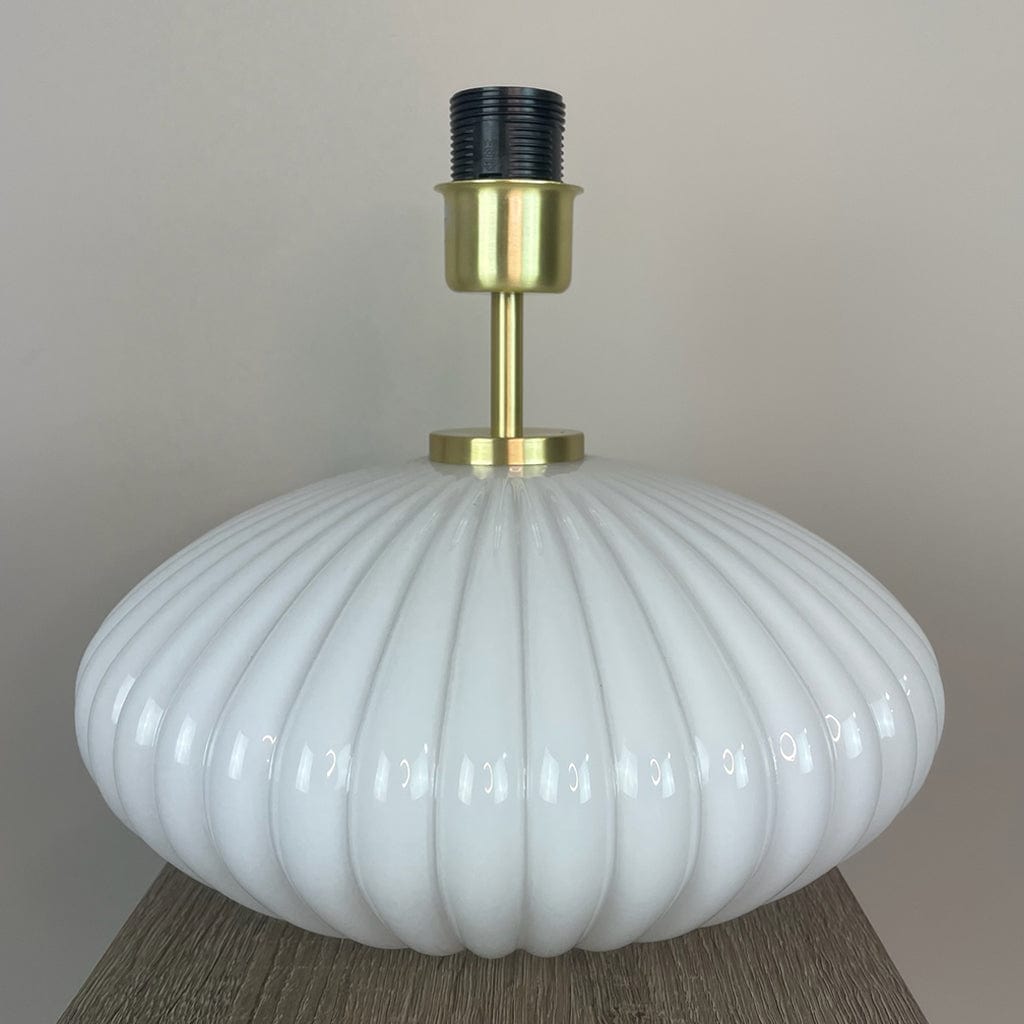 Emilia White Ribbed Glass & Gold Oval Table Lamp with Julia Clare's Ancient Tracery 2 Linen in Coral Shade