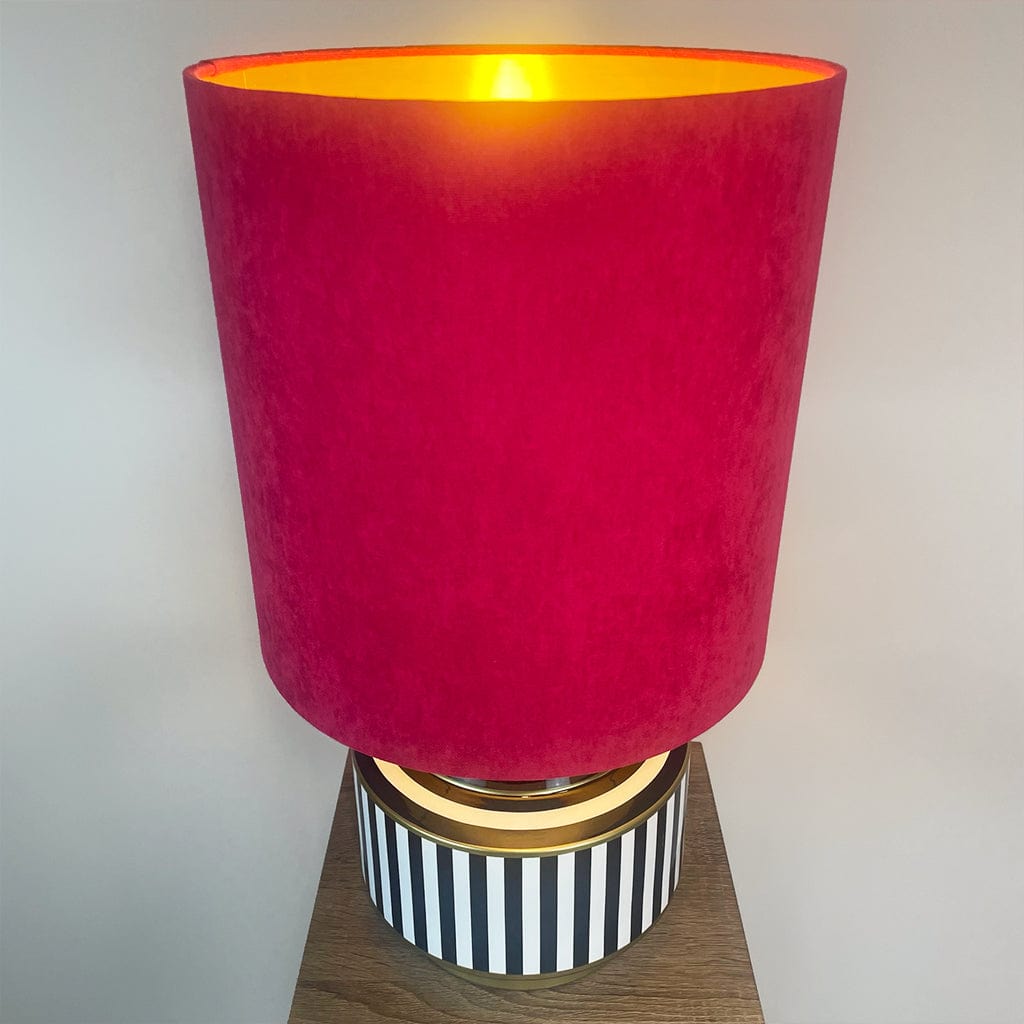 Humbug Black & White Stripe Small Ceramic Table Lamp with Tall Fuchsia Pink Recycled Fabric Shade