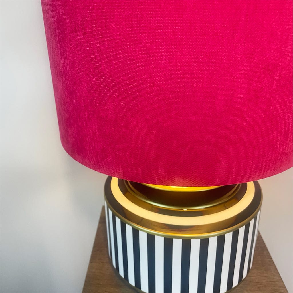 Humbug Black & White Stripe Small Ceramic Table Lamp with Tall Fuchsia Pink Recycled Fabric Shade