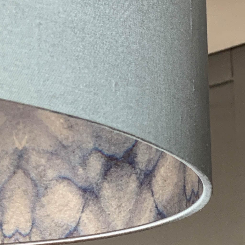 Electrified Blue Grey Lunar Silk Shade with Julia Clare's Underworld Ripples Ink Wallpaper Lining