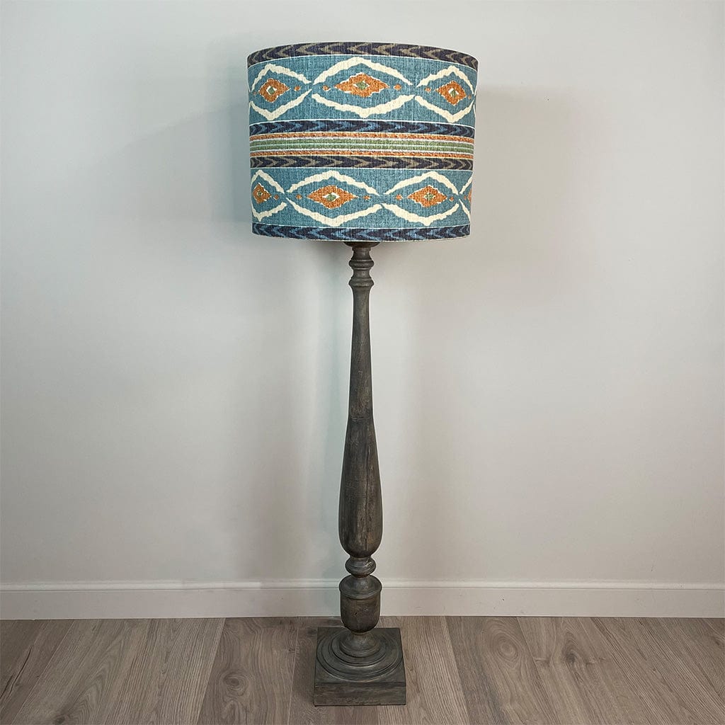 Grey Mango Wood Floor Lamp with Seafoam Ikat Shade