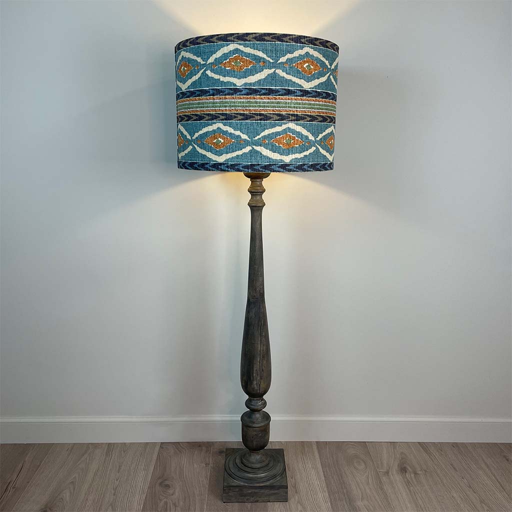 Grey Mango Wood Floor Lamp with Seafoam Ikat Shade