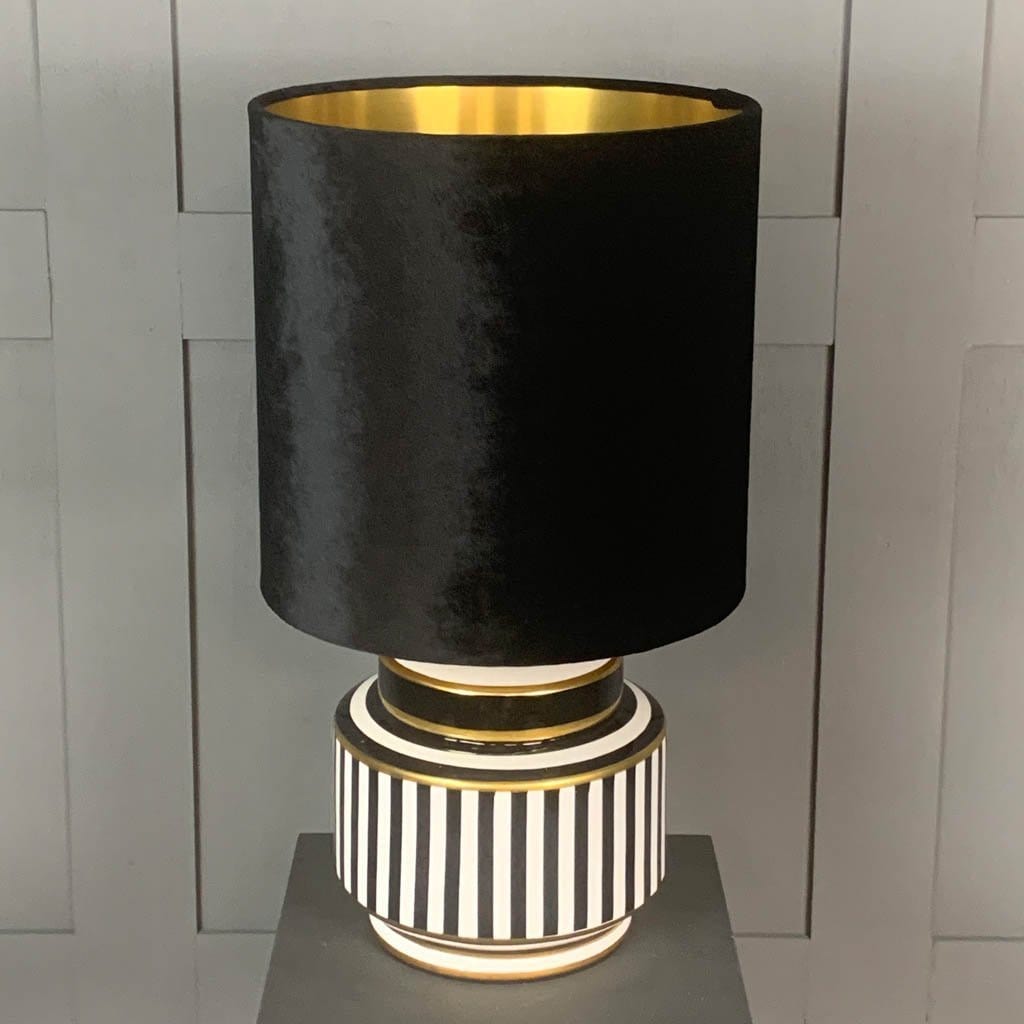 Humbug Black & White Stripe Small Ceramic Table Lamp with Black Velvet Shade