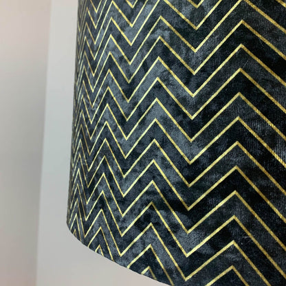 Matt Black Metal Four Post Table Lamp with Black & Gold Chevron Shade