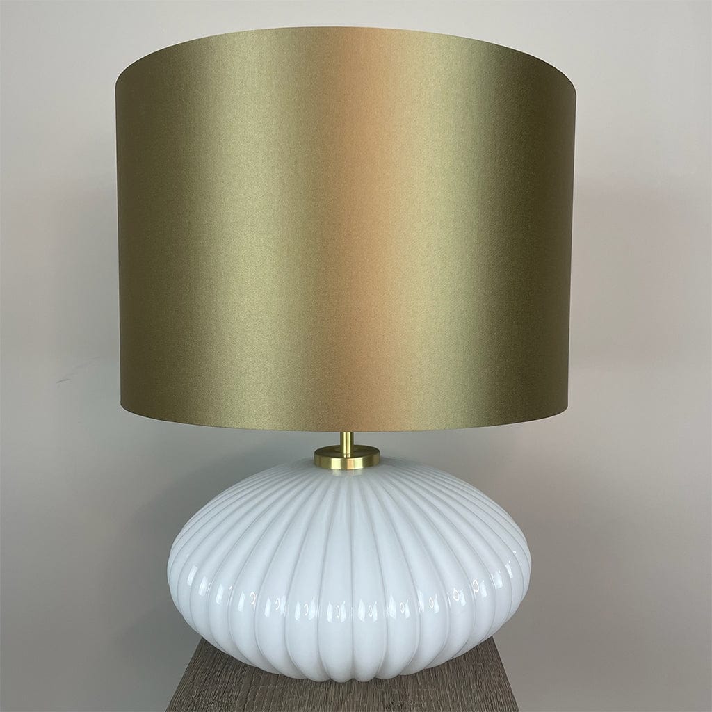 Emilia White Ribbed Glass Table Lamp with Satin Gold Lampshade