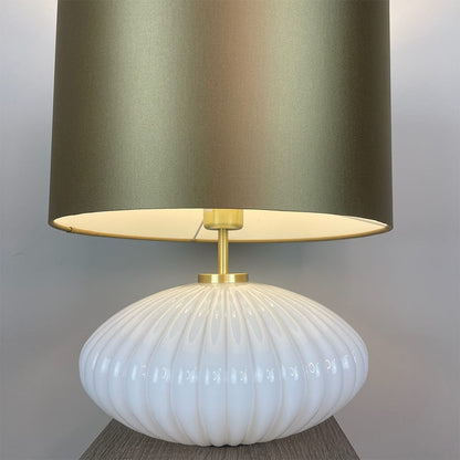 Emilia White Ribbed Glass Table Lamp with Satin Gold Lampshade