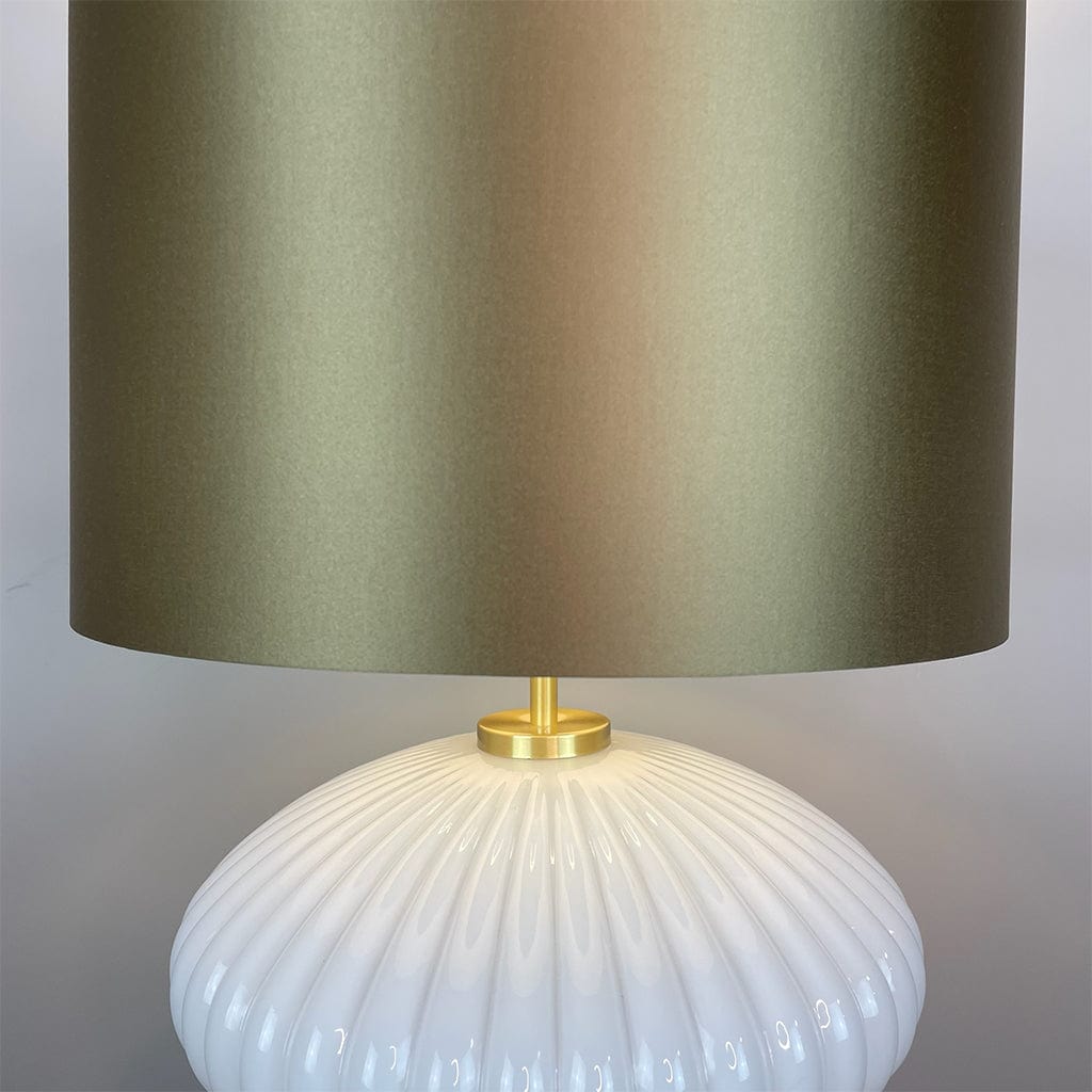 Emilia White Ribbed Glass Table Lamp with Satin Gold Lampshade