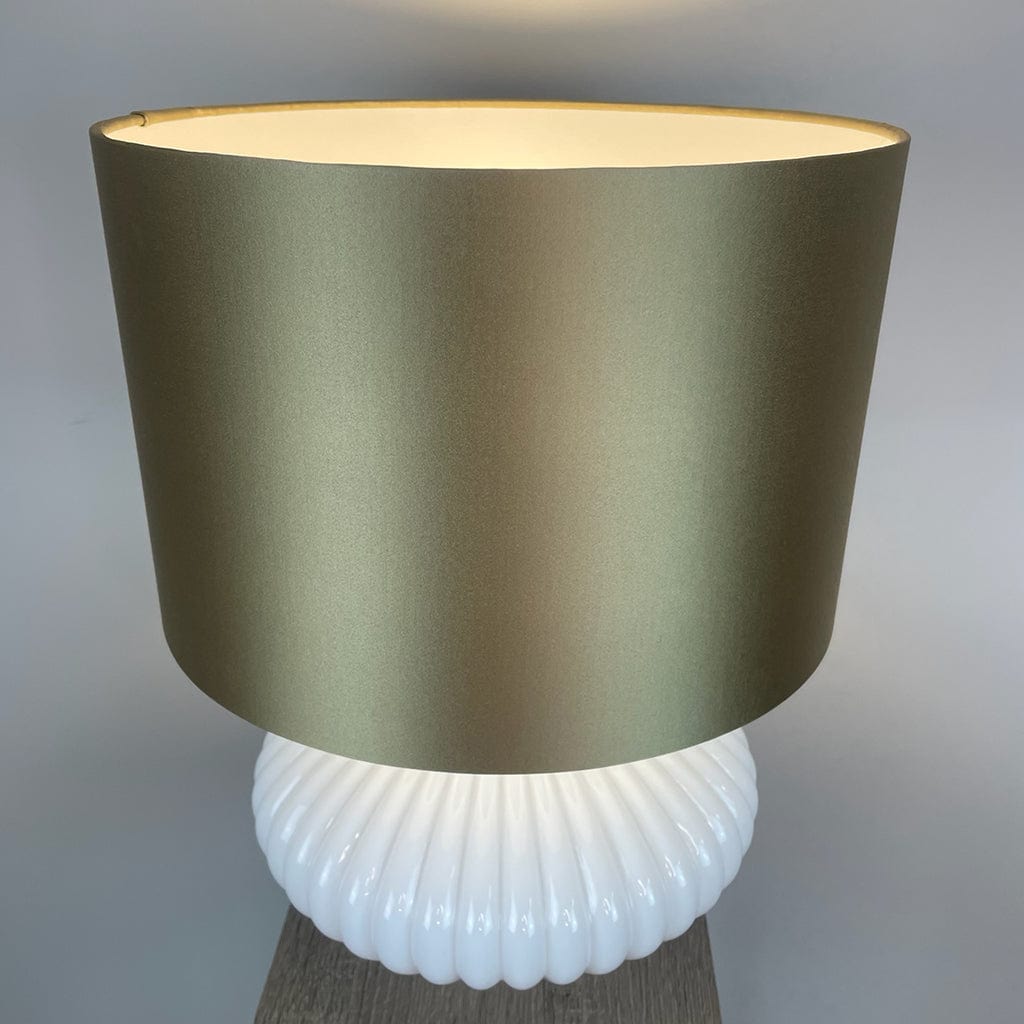 Emilia White Ribbed Glass Table Lamp with Satin Gold Lampshade