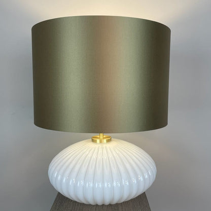 Emilia White Ribbed Glass Table Lamp with Satin Gold Lampshade