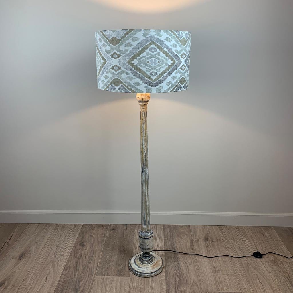 Grey & White Wash Mango Wood Floor Lamp with Linosa Natural Aztec Lampshade