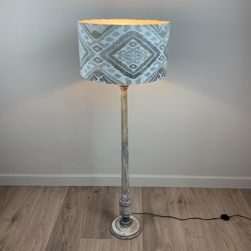 Grey & White Wash Mango Wood Floor Lamp with Linosa Natural Aztec Lampshade