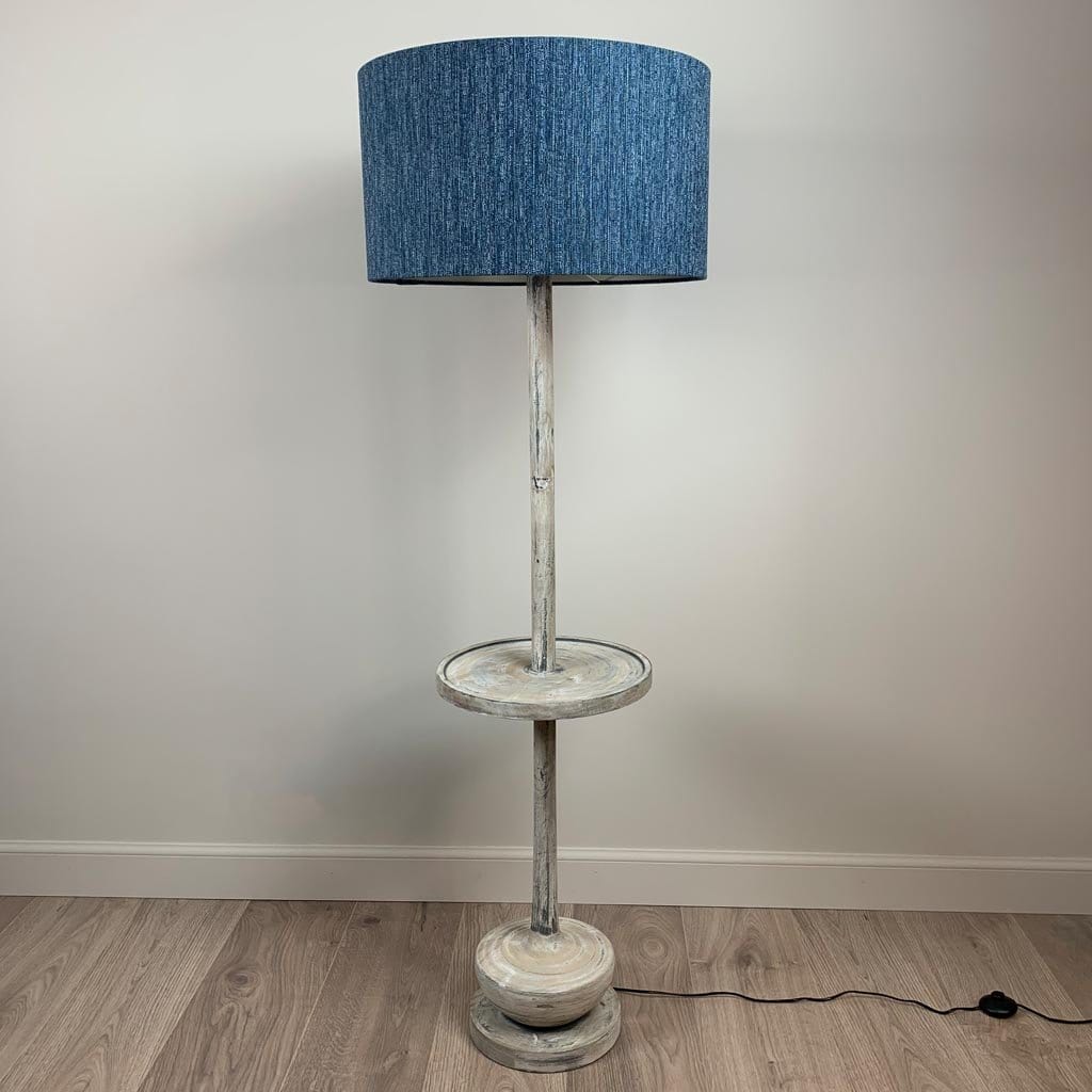 Hemi Vintage Grey Wood Floor Lamp with Logan Blue Denim Lampshade