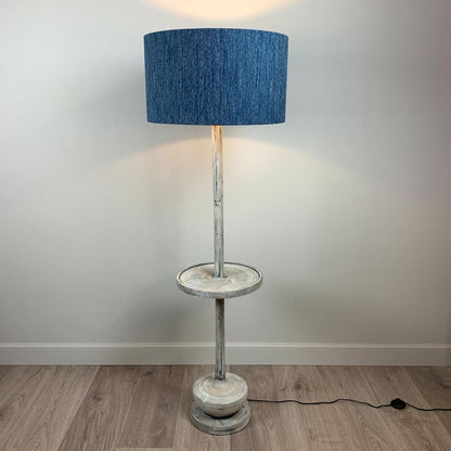 Hemi Vintage Grey Wood Floor Lamp with Logan Blue Denim Lampshade