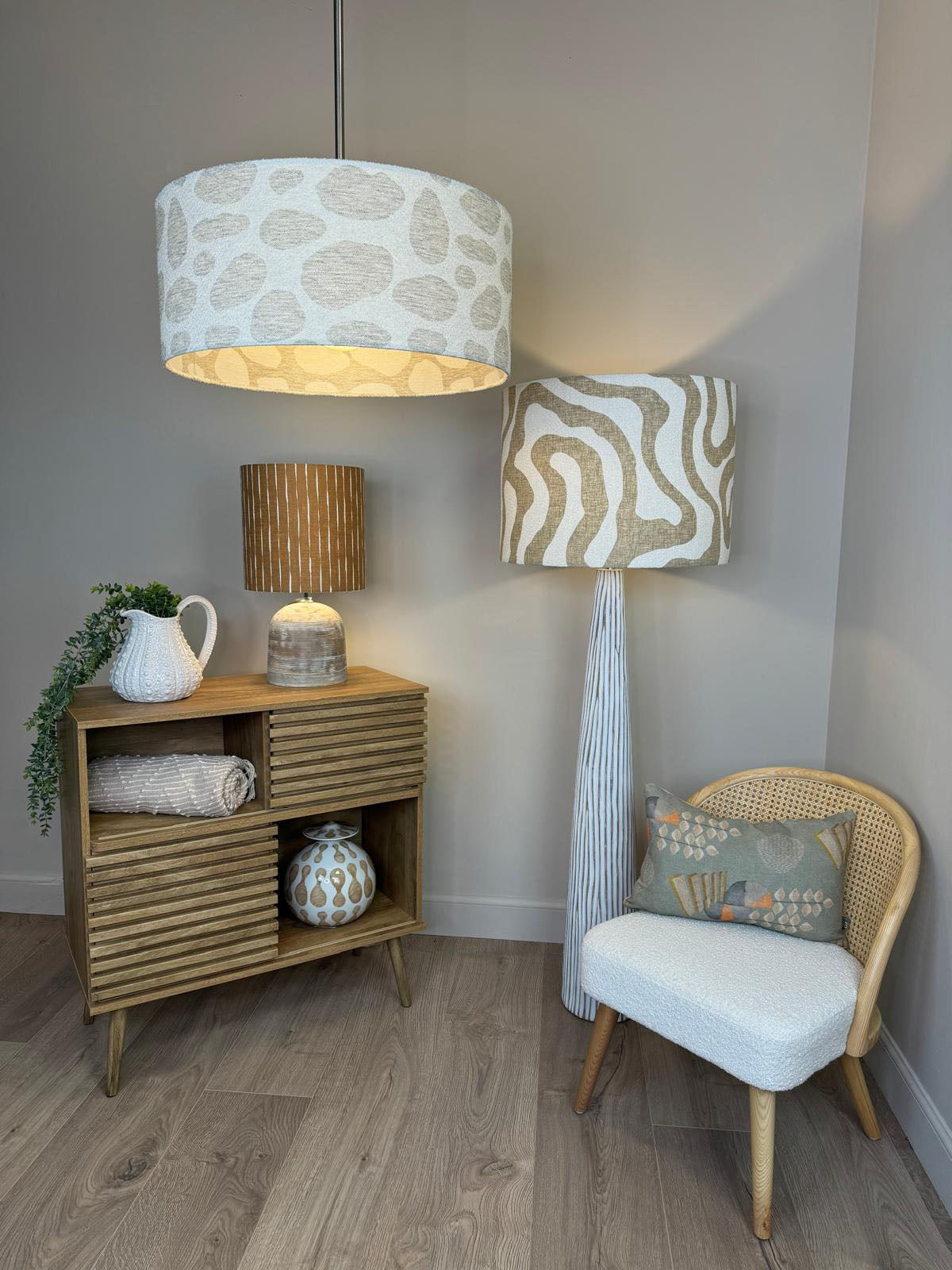 White Wood Effect Floor Lamp with Sigrid Birch Lampshade