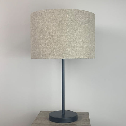 Belford Single Stem Black Table Lamp with Natural Linen Cylinder Shade