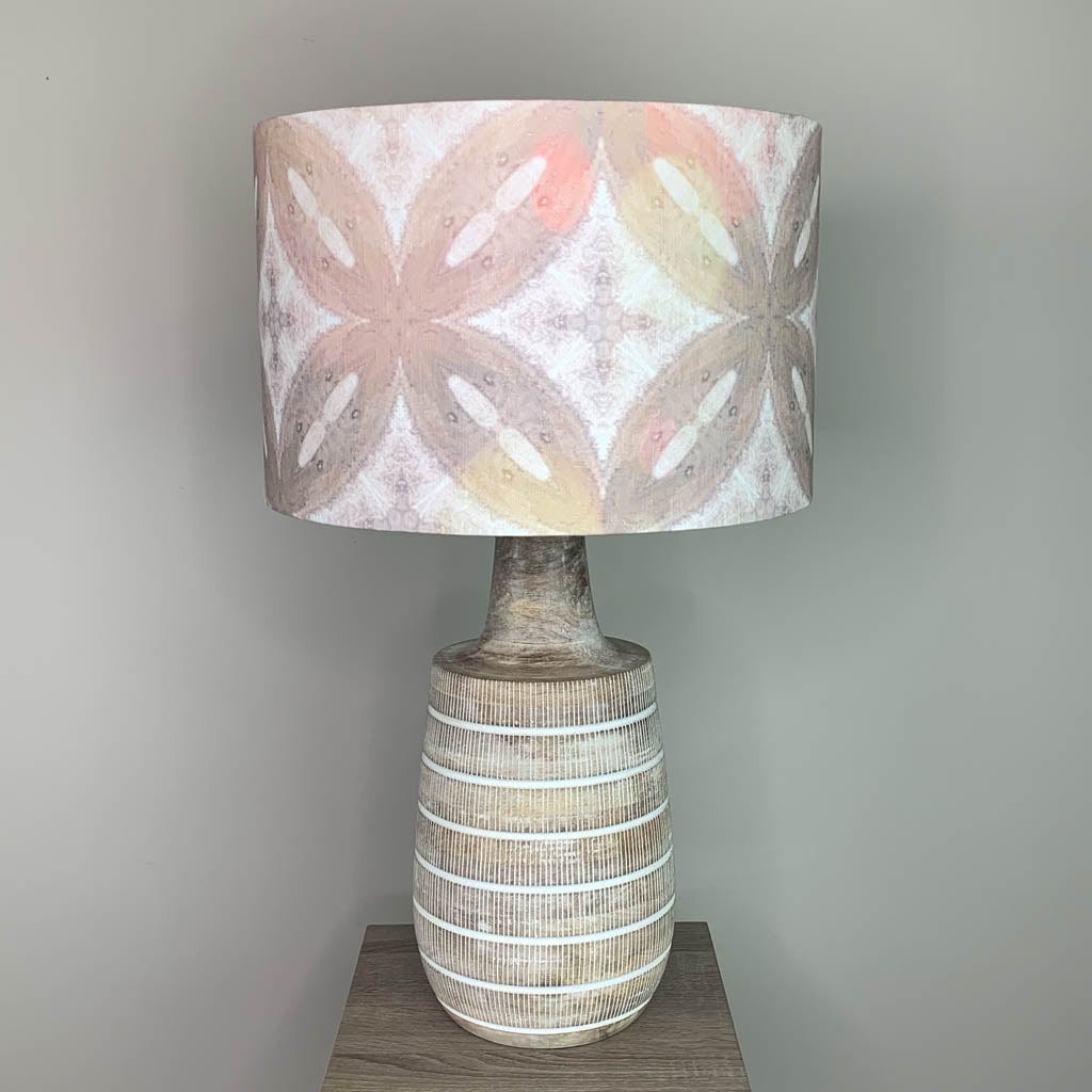 Dambula Grey Wash Stripe Wooden Table Lamp with Julia Clare's Ancient Tracery 2 Linen in Coral Shade