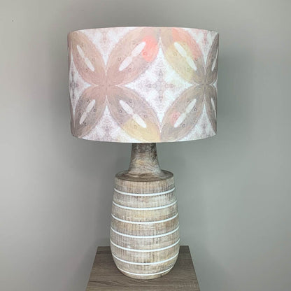 Dambula Grey Wash Stripe Wooden Table Lamp with Julia Clare's Ancient Tracery 2 Linen in Coral Shade