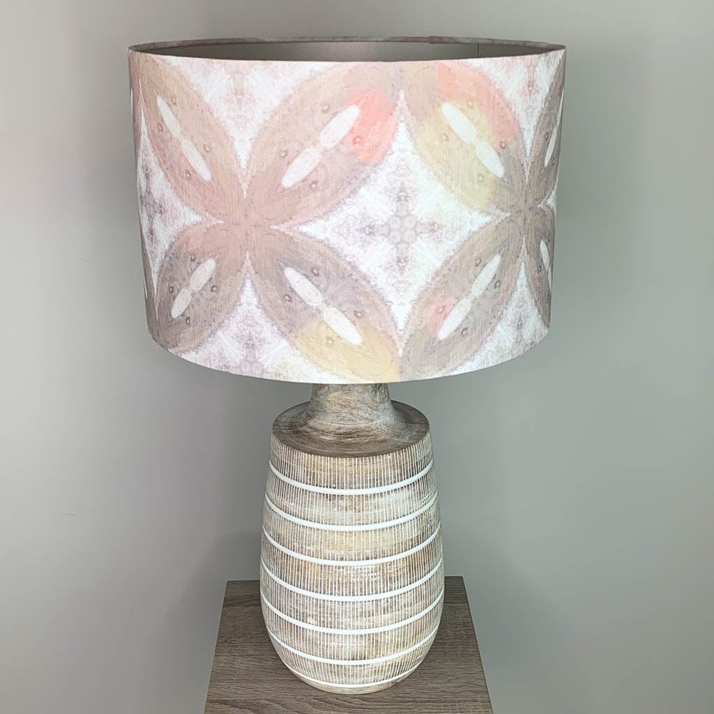 Dambula Grey Wash Stripe Wooden Table Lamp with Julia Clare's Ancient Tracery 2 Linen in Coral Shade
