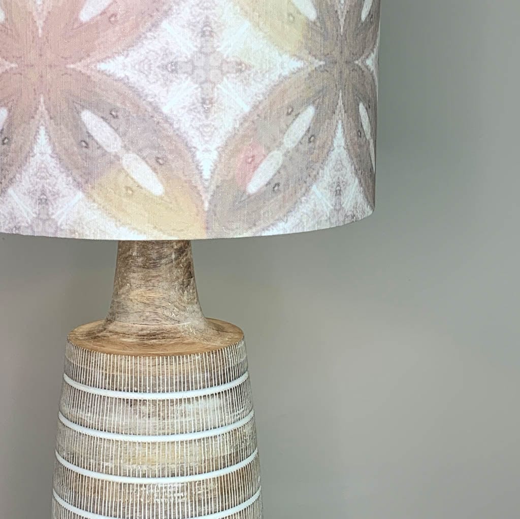 Dambula Grey Wash Stripe Wooden Table Lamp with Julia Clare's Ancient Tracery 2 Linen in Coral Shade