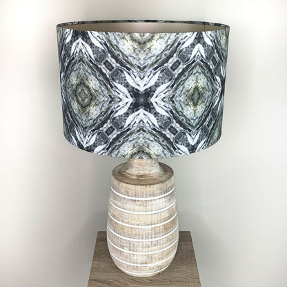 Dambula Grey Wash Stripe Wooden Table Lamp with Julia Clare's Efflorescence Linen in Green Lampshade