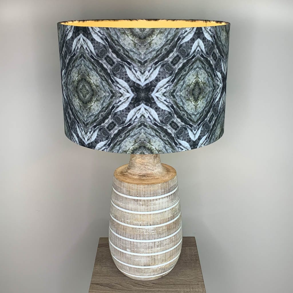 Dambula Grey Wash Stripe Wooden Table Lamp with Julia Clare's Efflorescence Linen in Green Lampshade