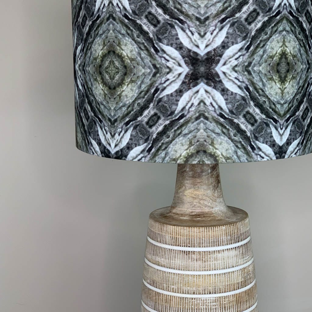 Dambula Grey Wash Stripe Wooden Table Lamp with Julia Clare's Efflorescence Linen in Green Lampshade