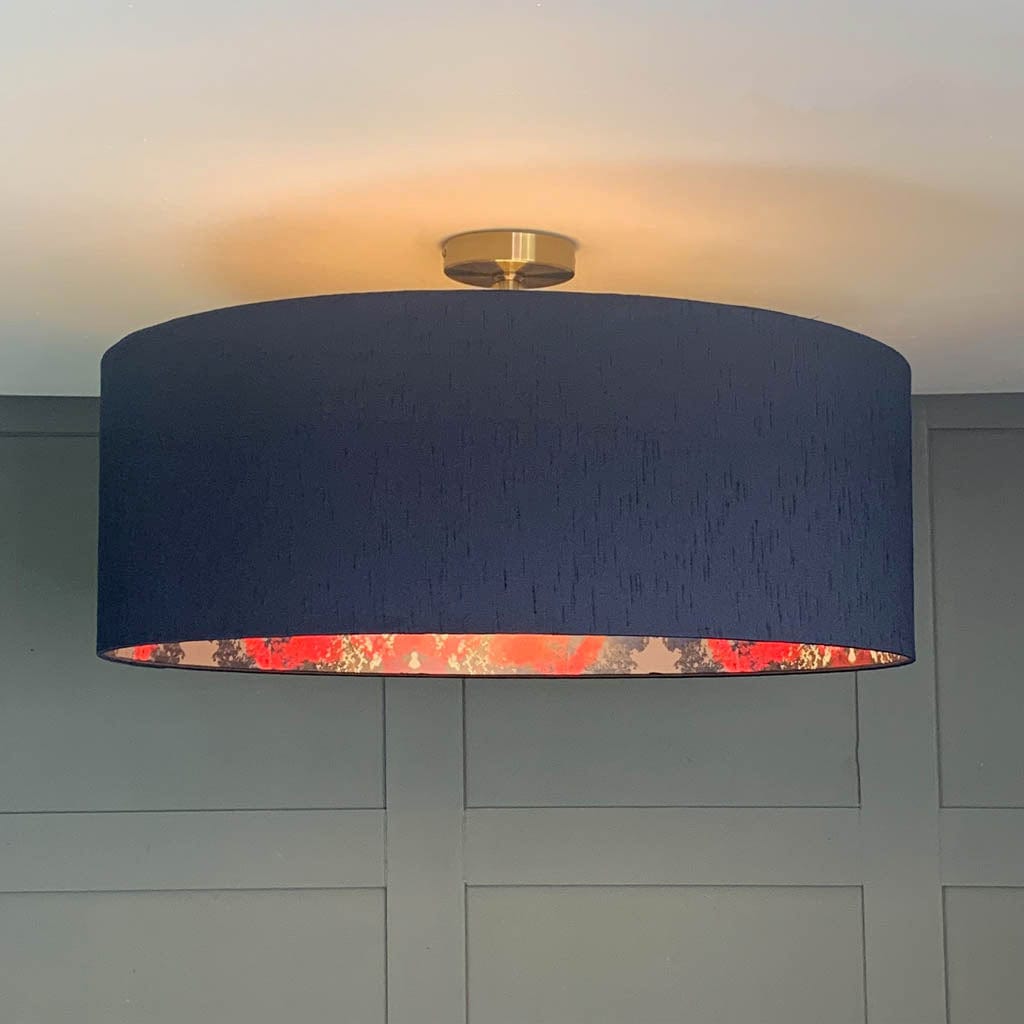 Electrified James Hare Astor Navy Faux Silk Shade with Mairi Helena Whispering Bramble Wallpaper Lining