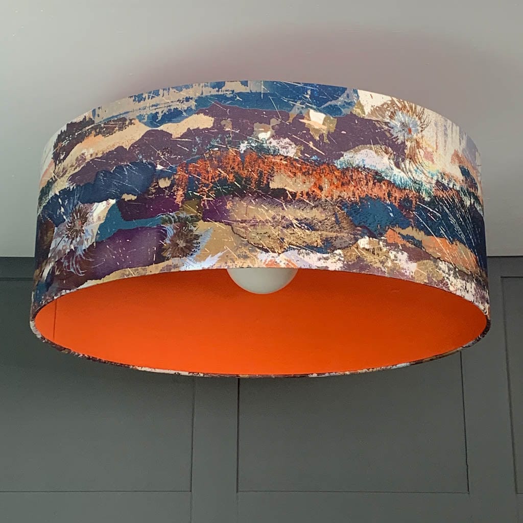 Electrified Mairi Helena Mirrored Storm Linen Dark with Satsuma Orange Silk Lining Lampshade