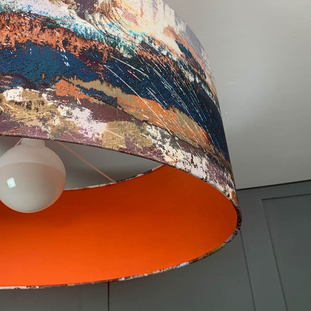 Electrified Mairi Helena Mirrored Storm Linen Dark with Satsuma Orange Silk Lining Lampshade