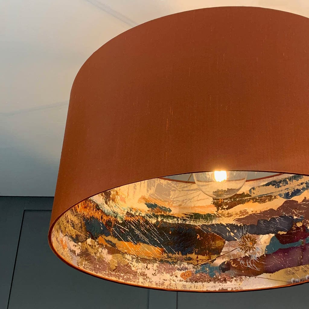 Electrified Burnt Orange Silk with Mairi Helena Mirrored Storm Linen Lining Lampshade