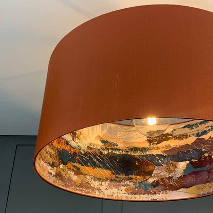 Electrified Burnt Orange Silk with Mairi Helena Mirrored Storm Linen Lining Lampshade