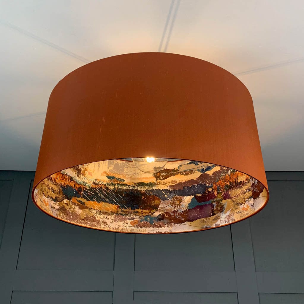 Electrified Burnt Orange Silk with Mairi Helena Mirrored Storm Linen Lining Lampshade