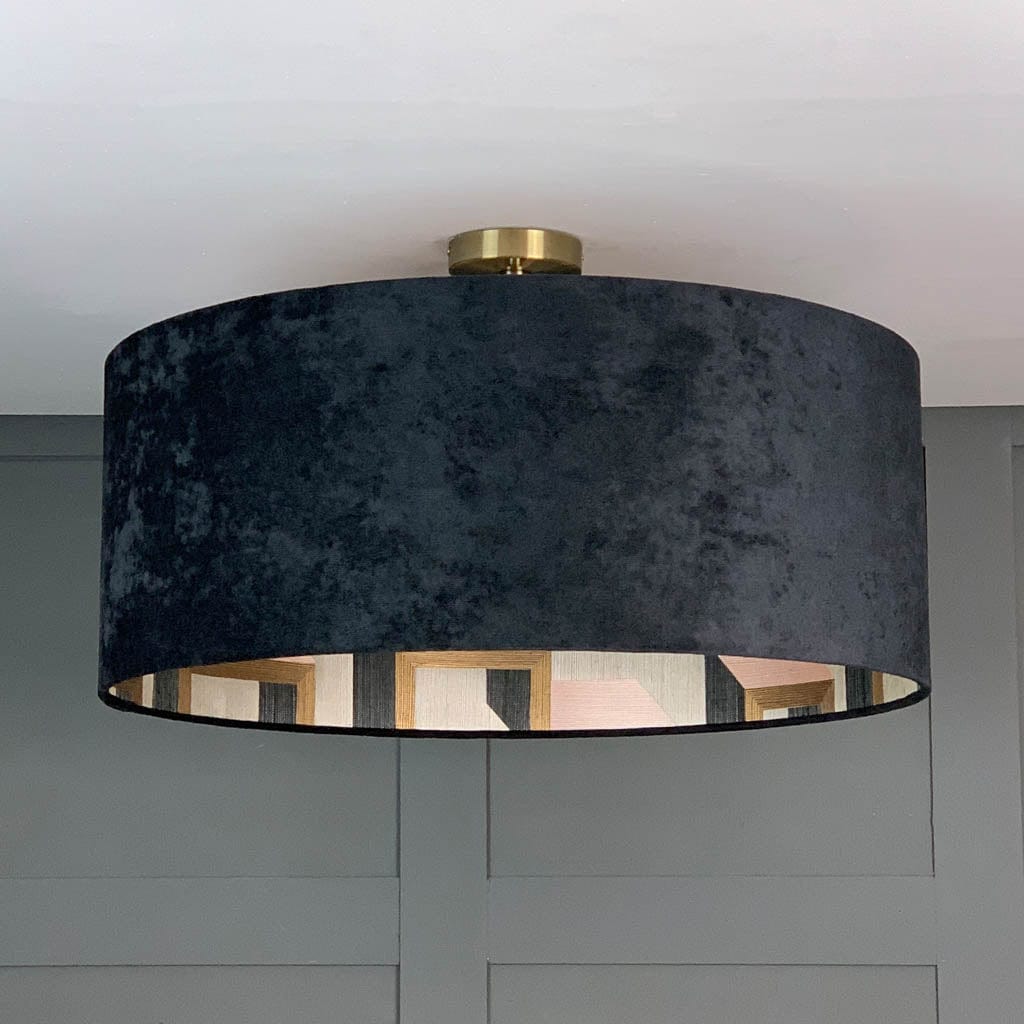 Electrified Jet Black Velvet with Arte Detour Wallpaper Lining Lampshade