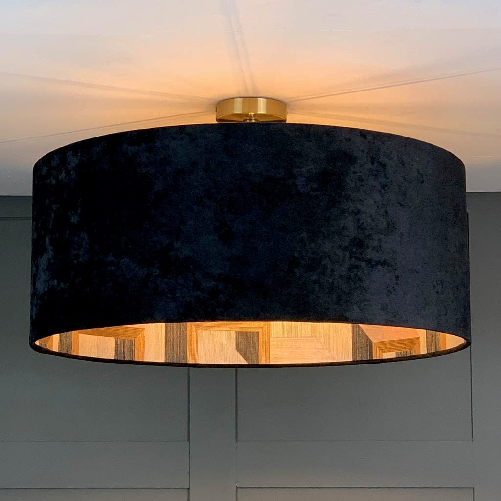 Electrified Jet Black Velvet with Arte Detour Wallpaper Lining Lampshade