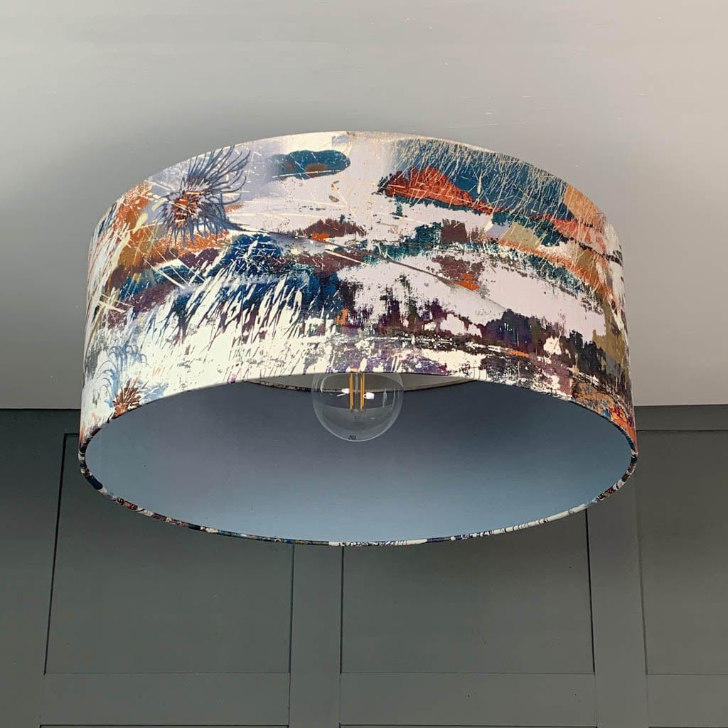 Electrified Mairi Helena Mirrored Storm Light Linen with Lunar Grey Blue Silk Lining Lampshade