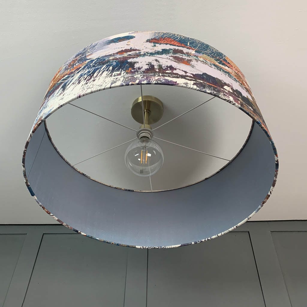 Electrified Mairi Helena Mirrored Storm Light Linen with Lunar Grey Blue Silk Lining Lampshade