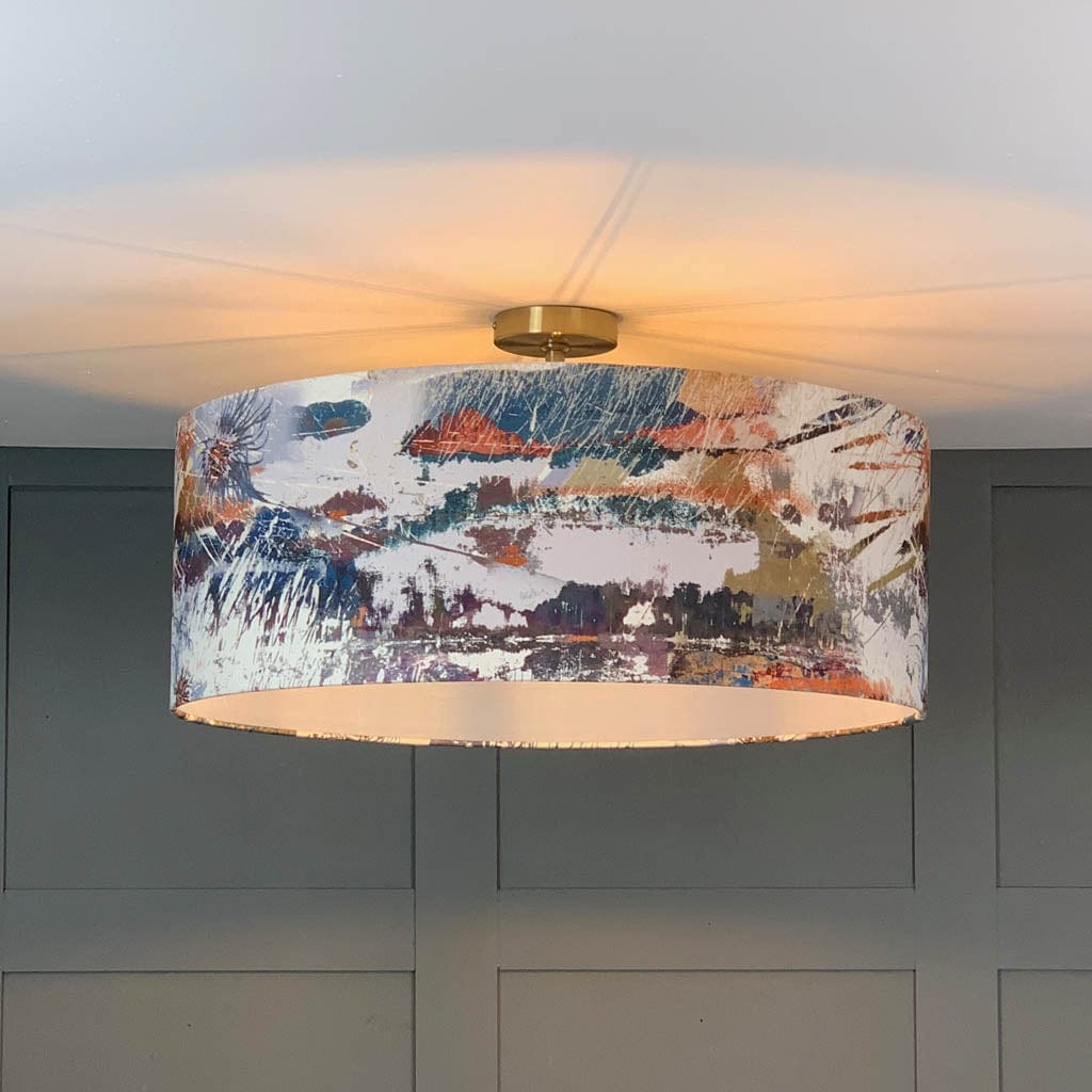 Electrified Mairi Helena Mirrored Storm Light Linen with Lunar Grey Blue Silk Lining Lampshade