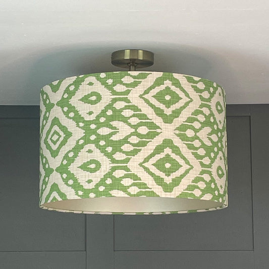 Electrified Marrakech Emerald Ikat Fabric Drum Shade with Champagne Lining