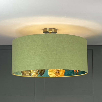 Electrified Passiflora Kingfisher Fabric Lined Lampshade with Meadow Green Outer