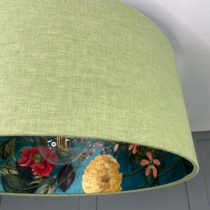 Electrified Passiflora Kingfisher Fabric Lined Lampshade with Meadow Green Outer