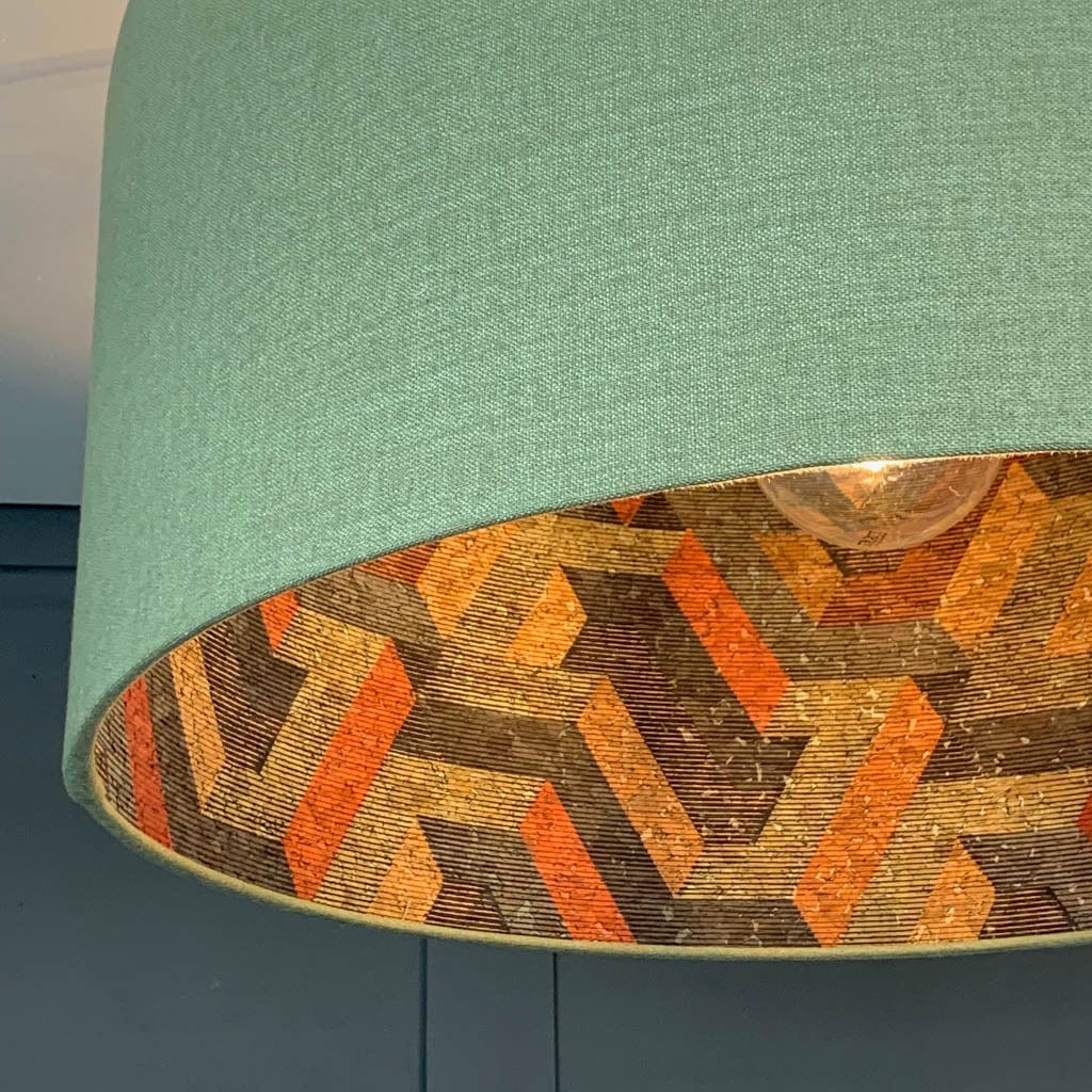 Electrified Saxon Glade Green Linen with Anthology Escheresque Copper/Slate Cork Wallpaper Lining Lampshade