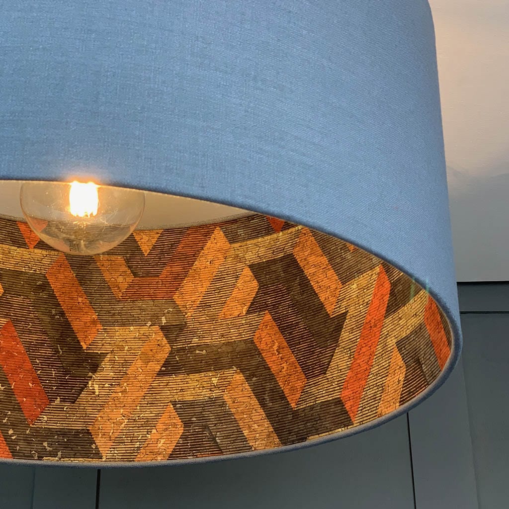 Electrified Saxon Slate Linen with Anthology Escheresque Copper/Slate Cork Wallpaper Lining Lampshade