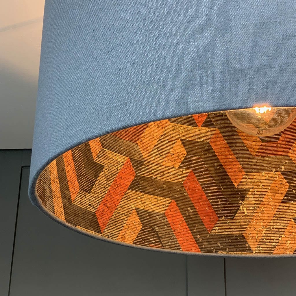 Electrified Saxon Slate Linen with Anthology Escheresque Copper/Slate Cork Wallpaper Lining Lampshade