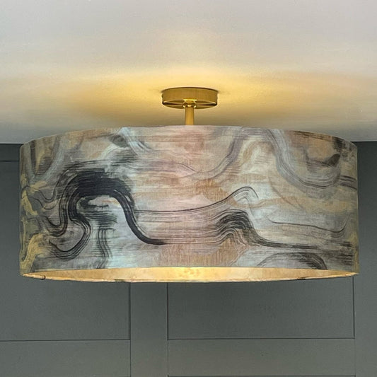 Electrified Tessuto Nero Fabric Lampshade with Burnished Mink Wallpaper