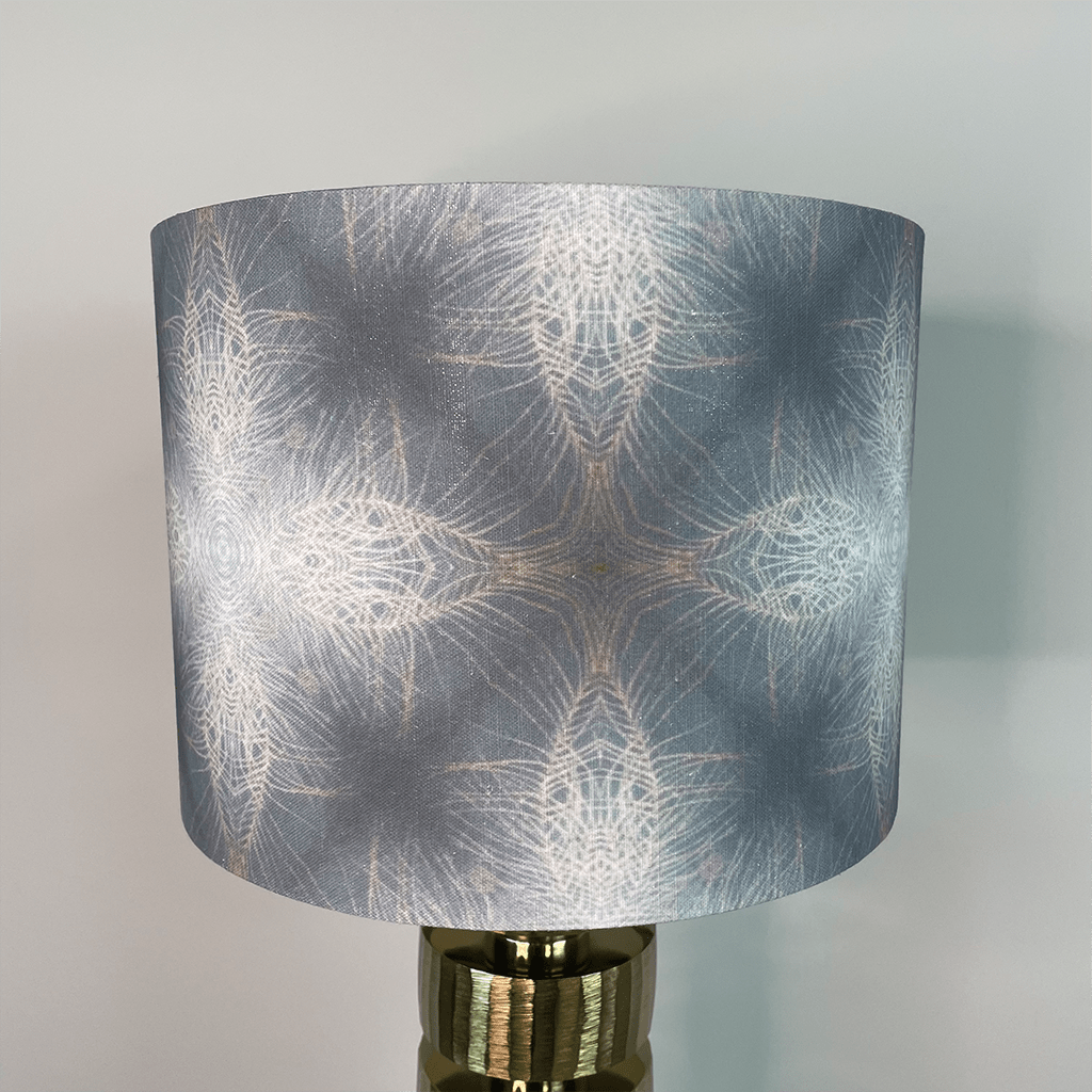 Elon Gold Table Lamp with Julia Clare Peacock Feather Linen in Warm Ash Blue