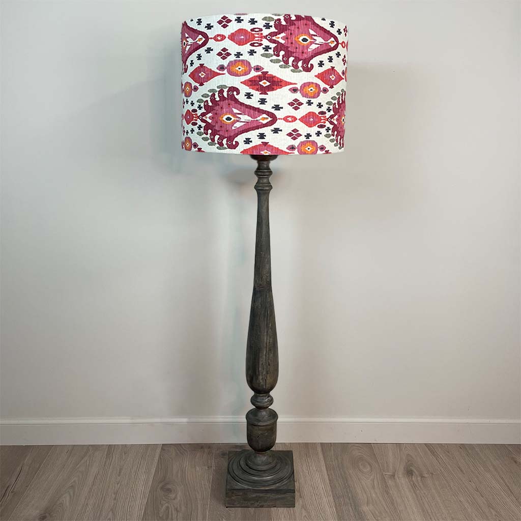 Grey Mango Wood Floor Lamp with Boho Begonia Ikat Lampshade