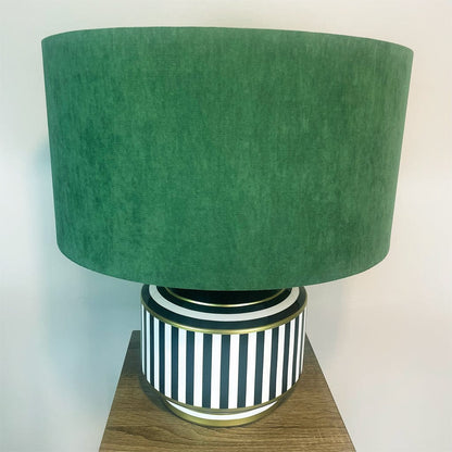 Humbug Black & White Stripe Small Ceramic Table Lamp with Emerald Green Recycled Fabric Drum Shade