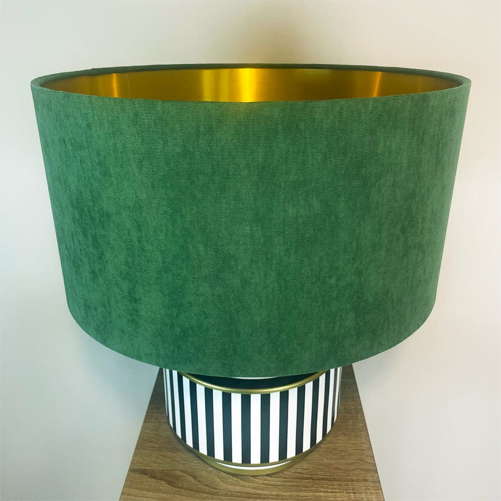 Humbug Black & White Stripe Small Ceramic Table Lamp with Emerald Green Recycled Fabric Drum Shade