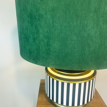 Humbug Black & White Stripe Small Ceramic Table Lamp with Emerald Green Recycled Fabric Drum Shade